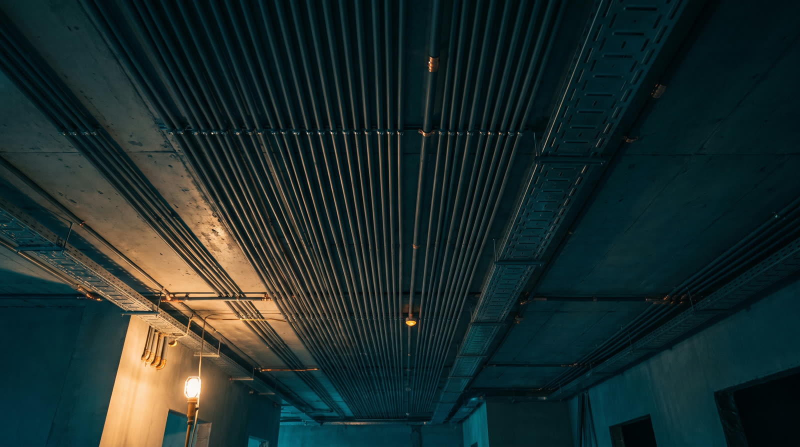 Beton tavana döşenmiş düzgün hizalı elektrik borusu ve kablo kanalı
